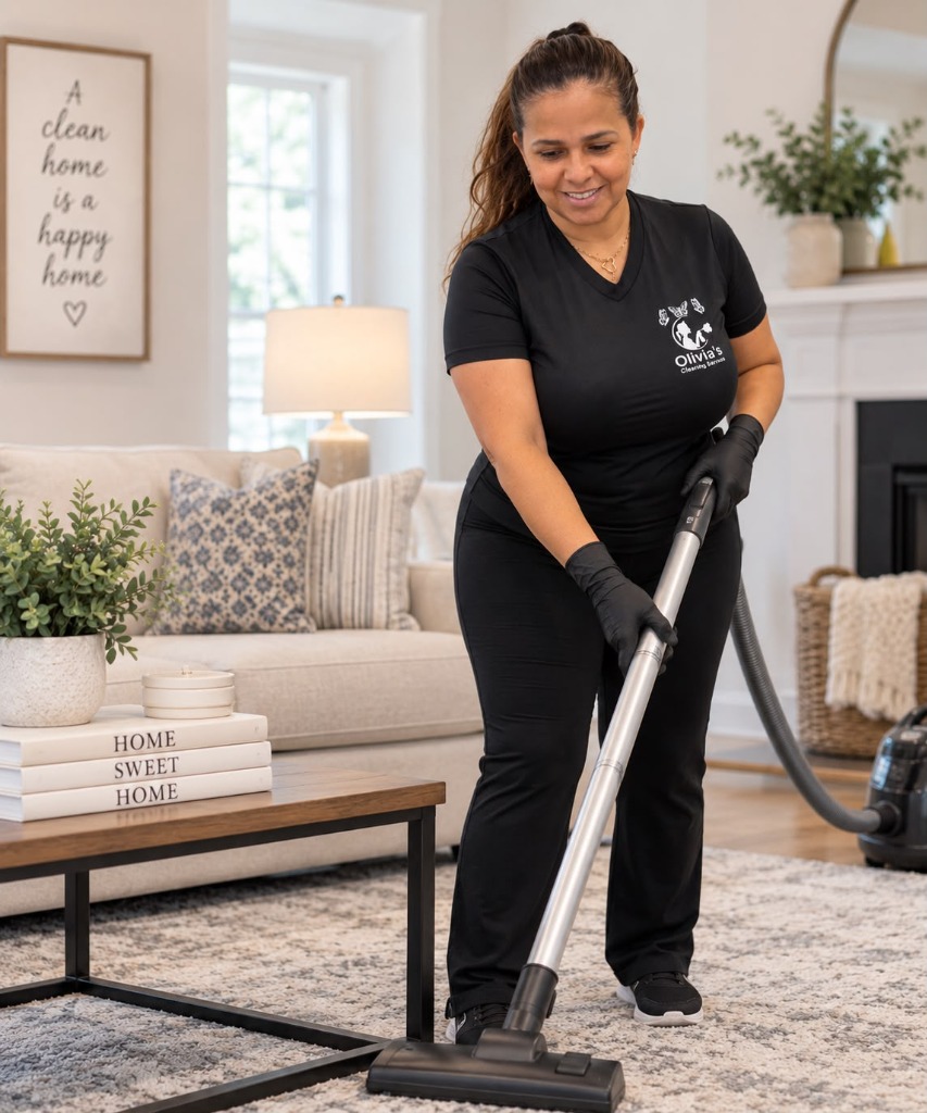 Olivia vacuuming a cozy living room rug