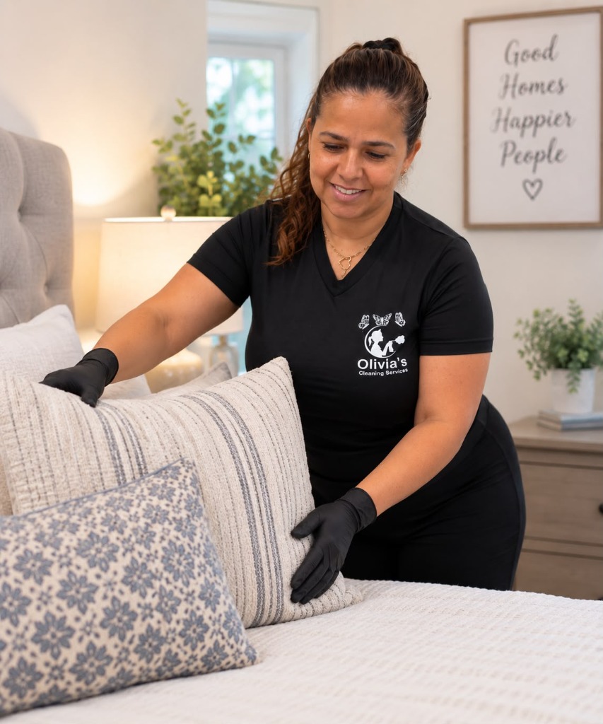 Olivia meticulously placing pillows on a neatly made bed
