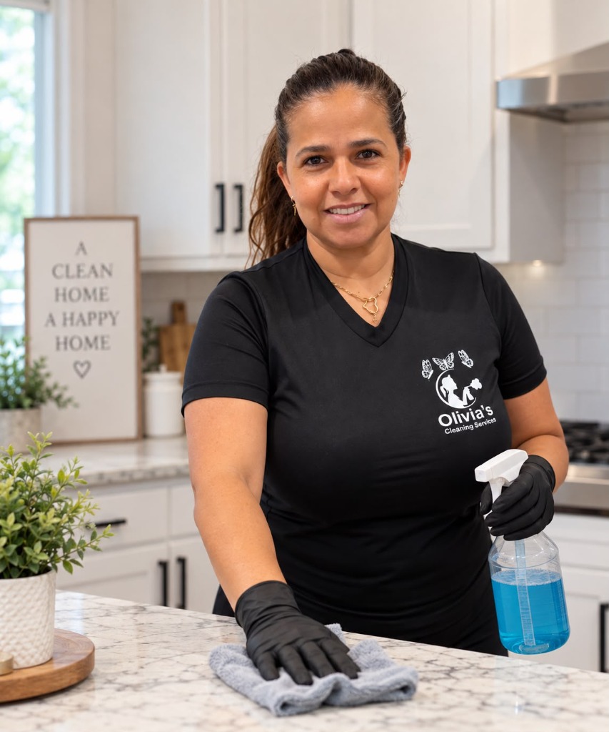 Olivia smiling while cleaning a modern kitchen counter